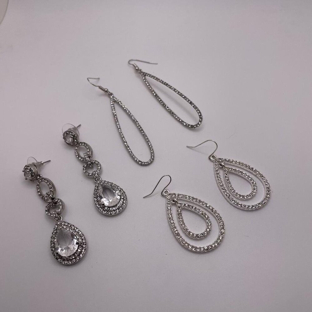 Lot Of 3 Rhinestone Silver Tone Dangle Drop Costume Earrings Pierced Mix